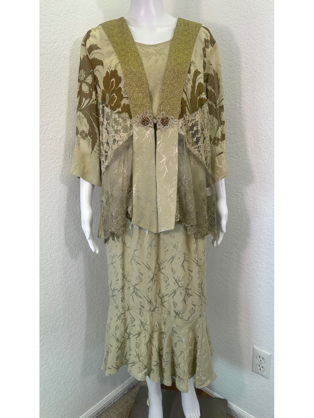 Y2K Women’s Violet Kay Sz M-L Sage Green 3 Pc Skirt Set Rayon Boho Floral Lace